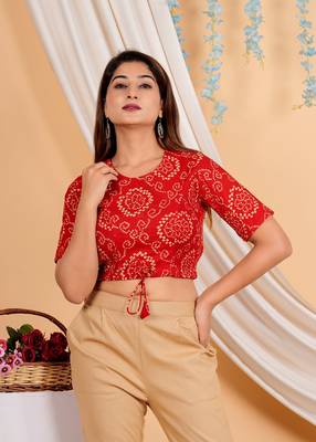 Women's Cotton Bandhej Printed Regular Blouse Red 4