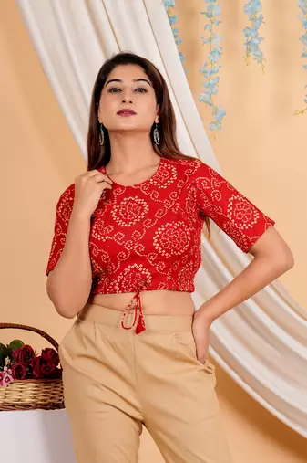 Women's Cotton Bandhej Printed Regular Blouse Red