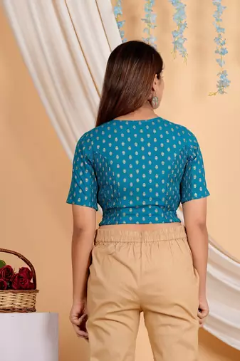 Women's Cotton Golden Floral Buti Printed Regular Blouse Blue