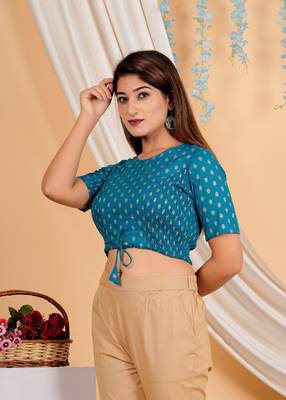 Women's Cotton Golden Floral Buti Printed Regular Blouse Blue 4