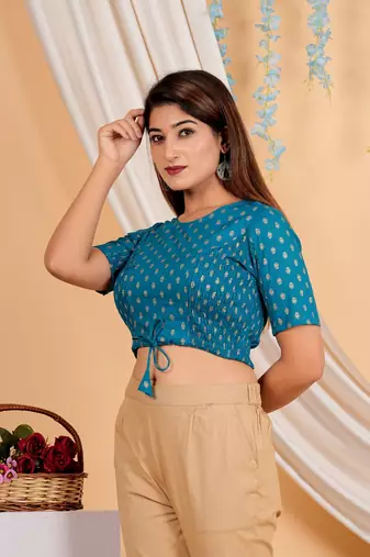 Women's Cotton Golden Floral Buti Printed Regular Blouse Blue