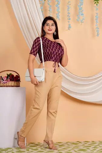Women's Cotton Golden Floral Buti Printed Regular Blouse Wine