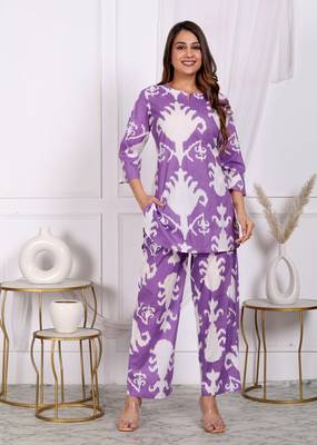 Womens fine cotton co-ord-set purple with white color motif top with pant 1