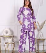 Womens fine cotton co-ord-set purple with white color motif top with pant