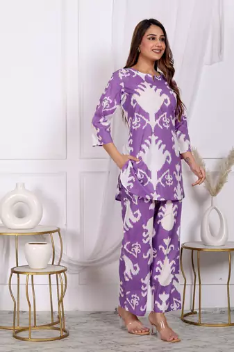 Womens fine cotton co-ord-set purple with white color motif top with pant
