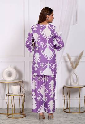 Womens fine cotton co-ord-set purple with white color motif top with pant 5