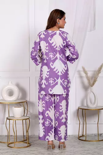 Womens fine cotton co-ord-set purple with white color motif top with pant