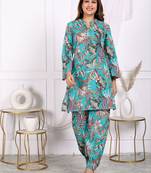 Womens fine cotton co-ord-set c-green with multi color motif top with pant