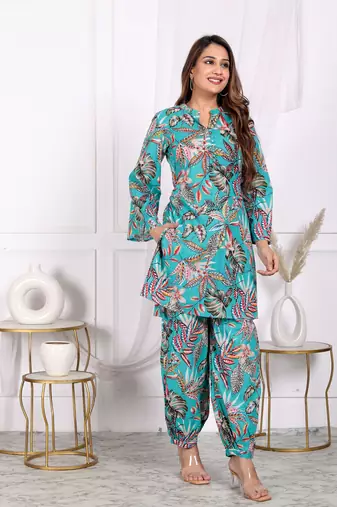 Womens fine cotton co-ord-set c-green with multi color motif top with pant