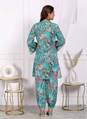 Womens fine cotton co-ord-set c-green with multi color motif top with pant 5