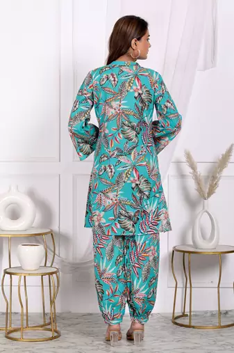 Womens fine cotton co-ord-set c-green with multi color motif top with pant