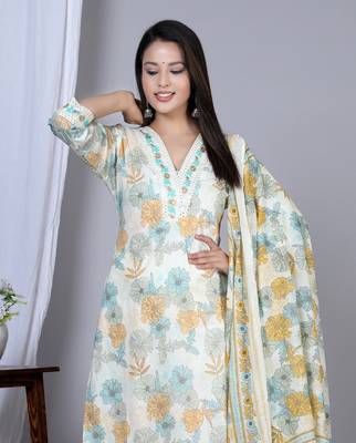  women's floral printed embroidered kurta with pant & dupatta set (mustard) 5