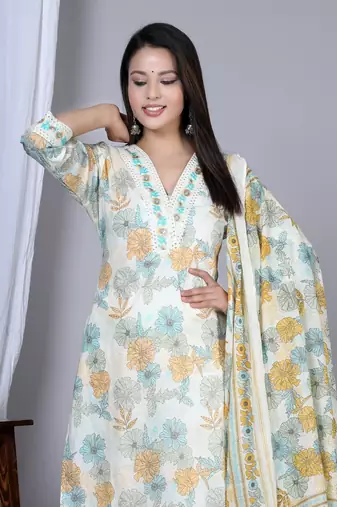  women's floral printed embroidered kurta with pant & dupatta set (mustard)