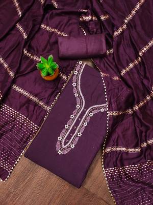 Manvaa women's purple handwork and fancy border parampara cotton dress material 1