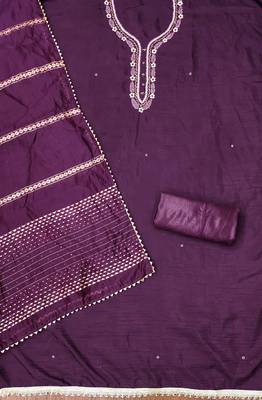 Manvaa women's purple handwork and fancy border parampara cotton dress material 2
