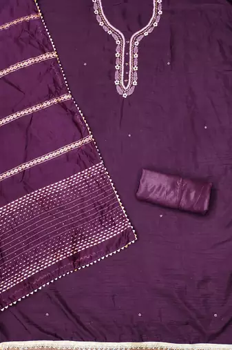 Manvaa women's purple handwork and fancy border parampara cotton dress material
