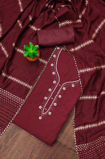Manvaa women's maroon handwork and fancy border parampara cotton dress material