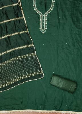 Manvaa women's green handwork and fancy border parampara cotton dress material 2