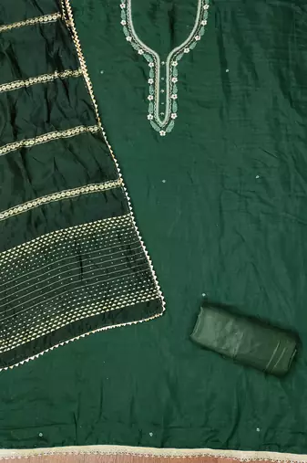 Manvaa women's green handwork and fancy border parampara cotton dress material