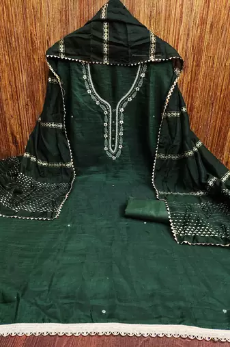 Manvaa women's green handwork and fancy border parampara cotton dress material