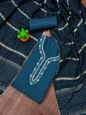 Manvaa women's blue handwork and fancy border parampara cotton dress material 1