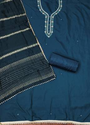 Manvaa women's blue handwork and fancy border parampara cotton dress material 2