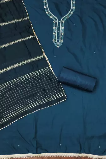 Manvaa women's blue handwork and fancy border parampara cotton dress material