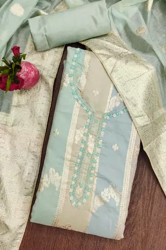 Manvaa women's multi jari weaving work hand work banarasi jacquard dress material