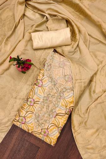 Manvaa women's beige unstitched stylish sequence work organza dress material 