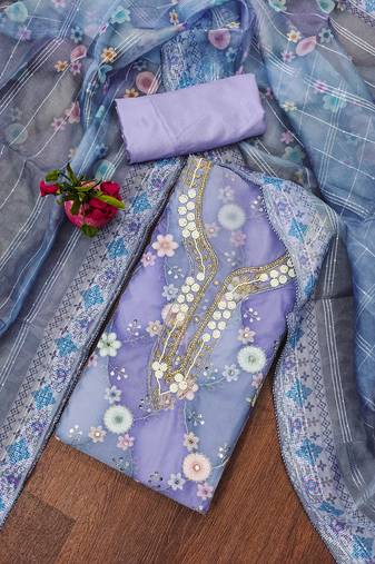 Manvaa women's purple unstitched stylish sequence work organza dress material 
