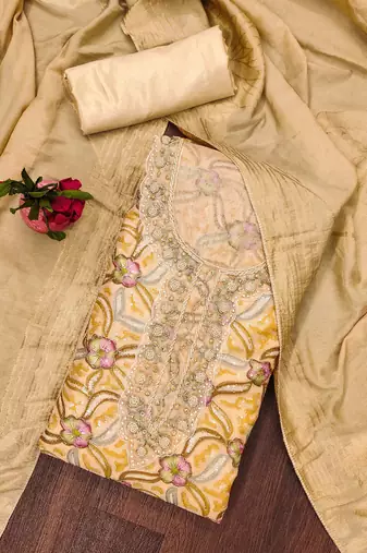Manvaa women's beige stylish sequence work organza dress material