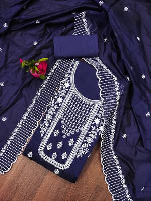 Manvaa women's navy blue heavy thread embrodiery chanderi cotton dress material 1