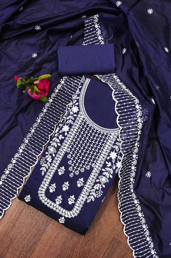 Manvaa women's navy blue unstitched heavy thread embrodiery chanderi cotton dress material 