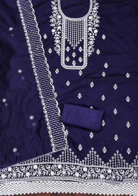 Manvaa women's navy blue heavy thread embrodiery chanderi cotton dress material 2