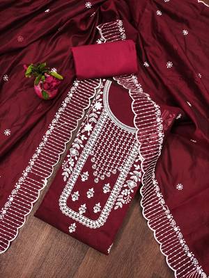 Manvaa women's maroon unstitched heavy thread embrodiery chanderi cotton dress material  1