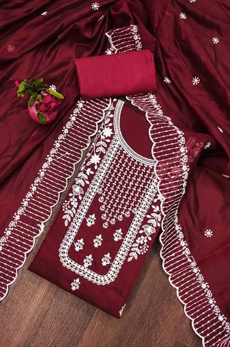 Manvaa women's maroon unstitched heavy thread embrodiery chanderi cotton dress material 