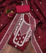 Manvaa women's maroon unstitched heavy thread embrodiery chanderi cotton dress material 