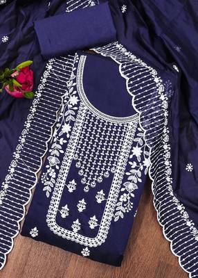 Manvaa women's navy blue heavy thread embrodiery chanderi cotton dress material 3