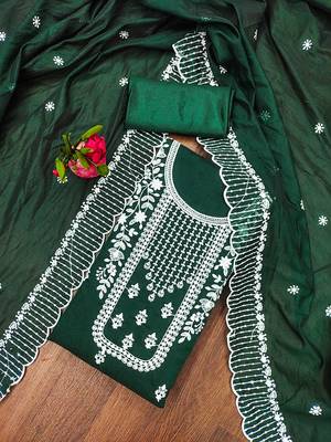 Manvaa women's green heavy thread embrodiery chanderi cotton dress material 1