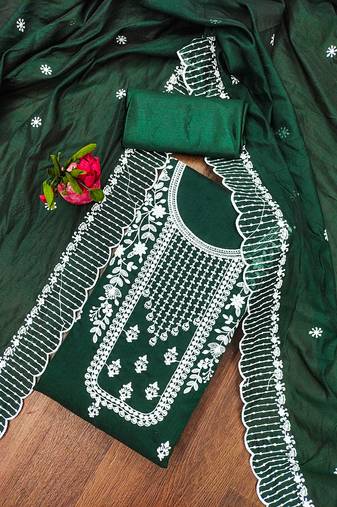 Manvaa women's green unstitched heavy thread embrodiery chanderi cotton dress material 