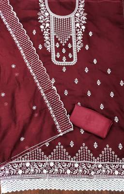 Manvaa women's maroon unstitched heavy thread embrodiery chanderi cotton dress material  2