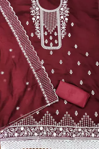 Manvaa women's maroon unstitched heavy thread embrodiery chanderi cotton dress material 