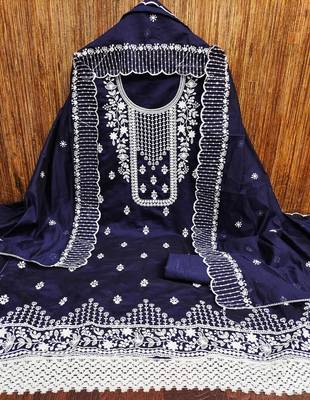 Manvaa women's navy blue heavy thread embrodiery chanderi cotton dress material 4