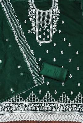 Manvaa women's green heavy thread embrodiery chanderi cotton dress material 2