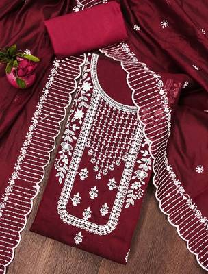 Manvaa women's maroon unstitched heavy thread embrodiery chanderi cotton dress material  3