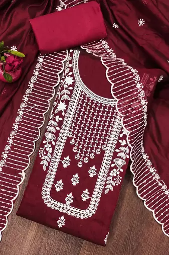 Manvaa women's maroon unstitched heavy thread embrodiery chanderi cotton dress material 