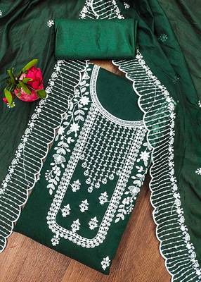 Manvaa women's green heavy thread embrodiery chanderi cotton dress material 3