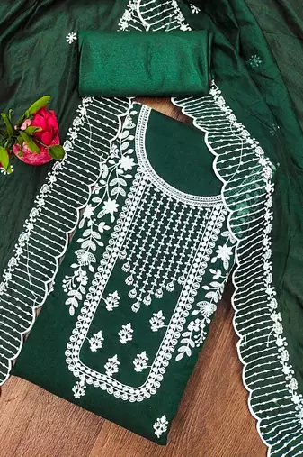 Manvaa women's green heavy thread embrodiery chanderi cotton dress material