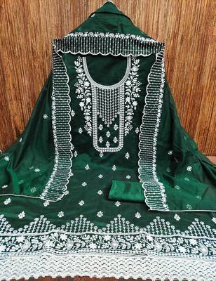 Manvaa women's green heavy thread embrodiery chanderi cotton dress material 4