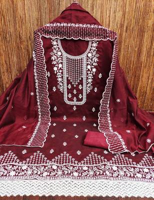Manvaa women's maroon unstitched heavy thread embrodiery chanderi cotton dress material  4